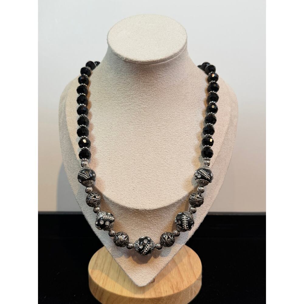 Black & Silver Statement Necklace – Faceted Beads | 10” Drop